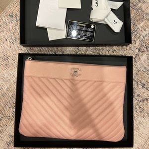 Chanel Pink Iridescent Chevron Caviar Pouch